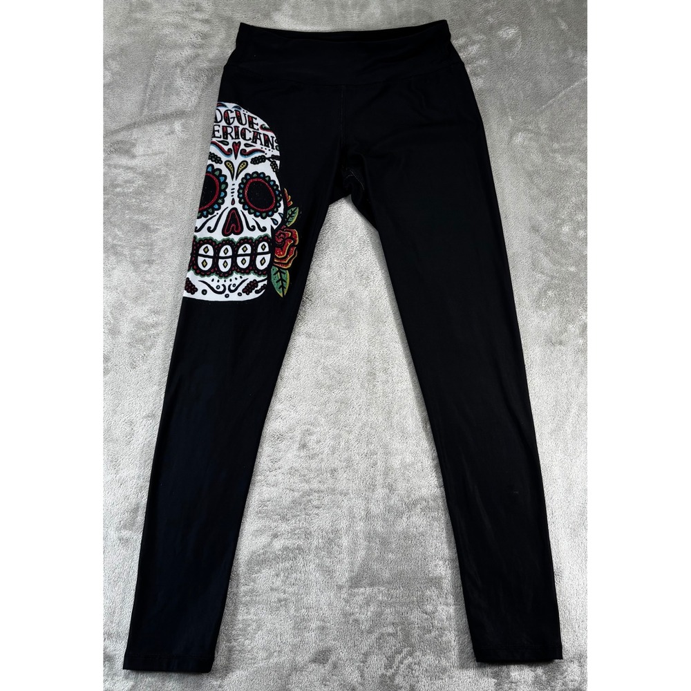 VTG Rogue American Apparel Leggings Women 6 Black USA made Sugar Skull Graphic